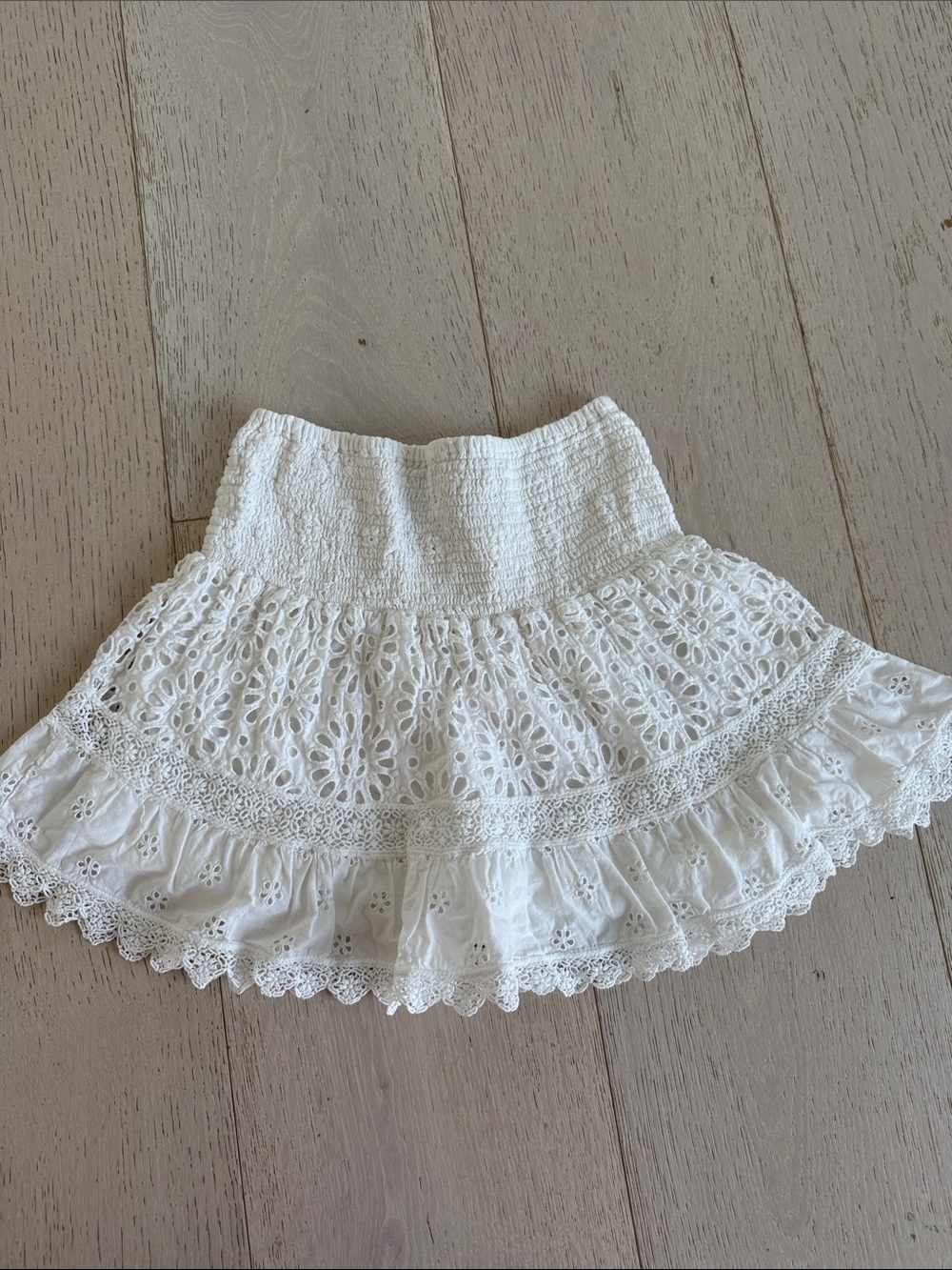 Smocked White Eyelet Tiered Mini Skirt